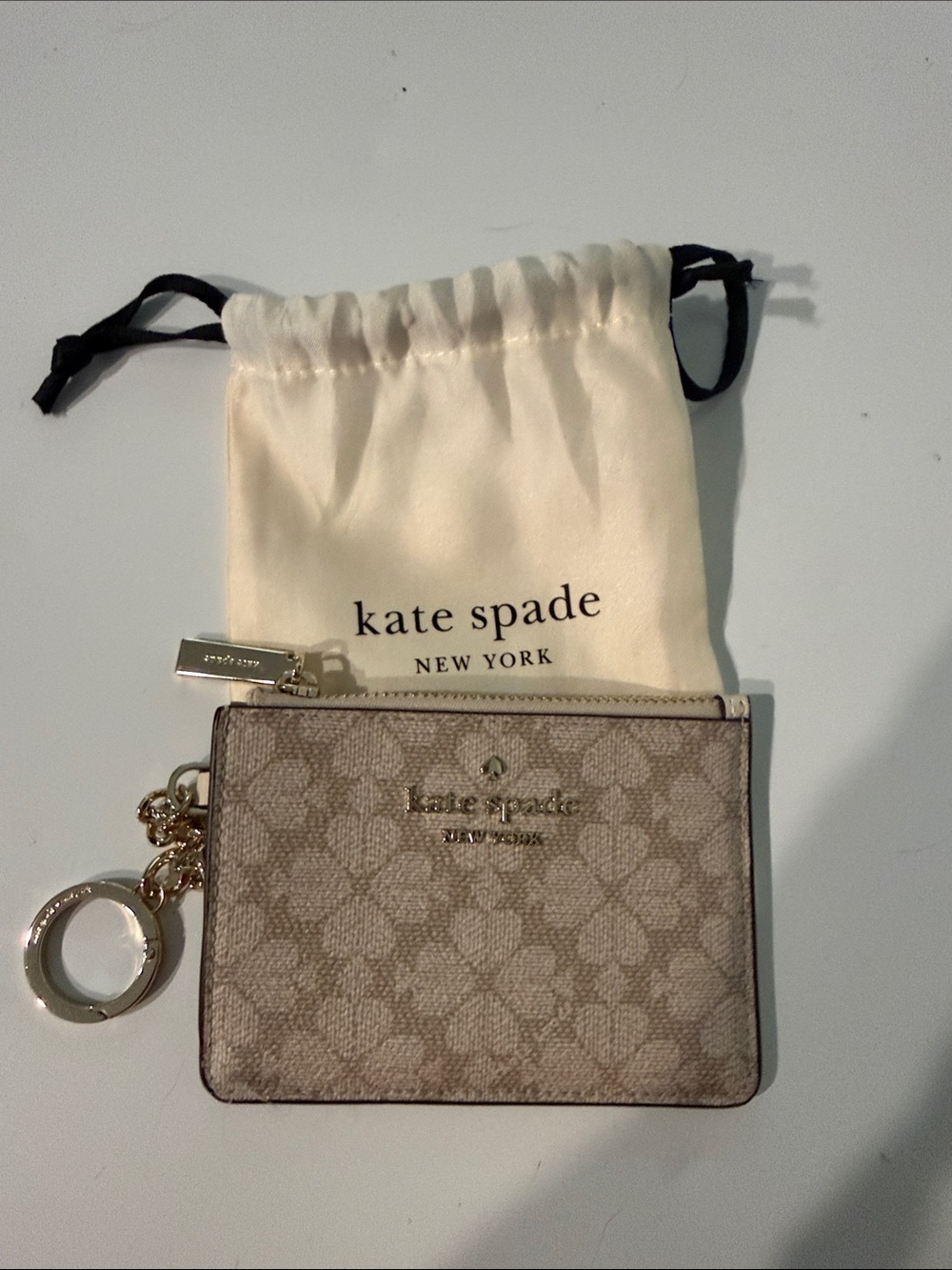 kate spade Beige Floral Monogram Card Case with Gold Keyring